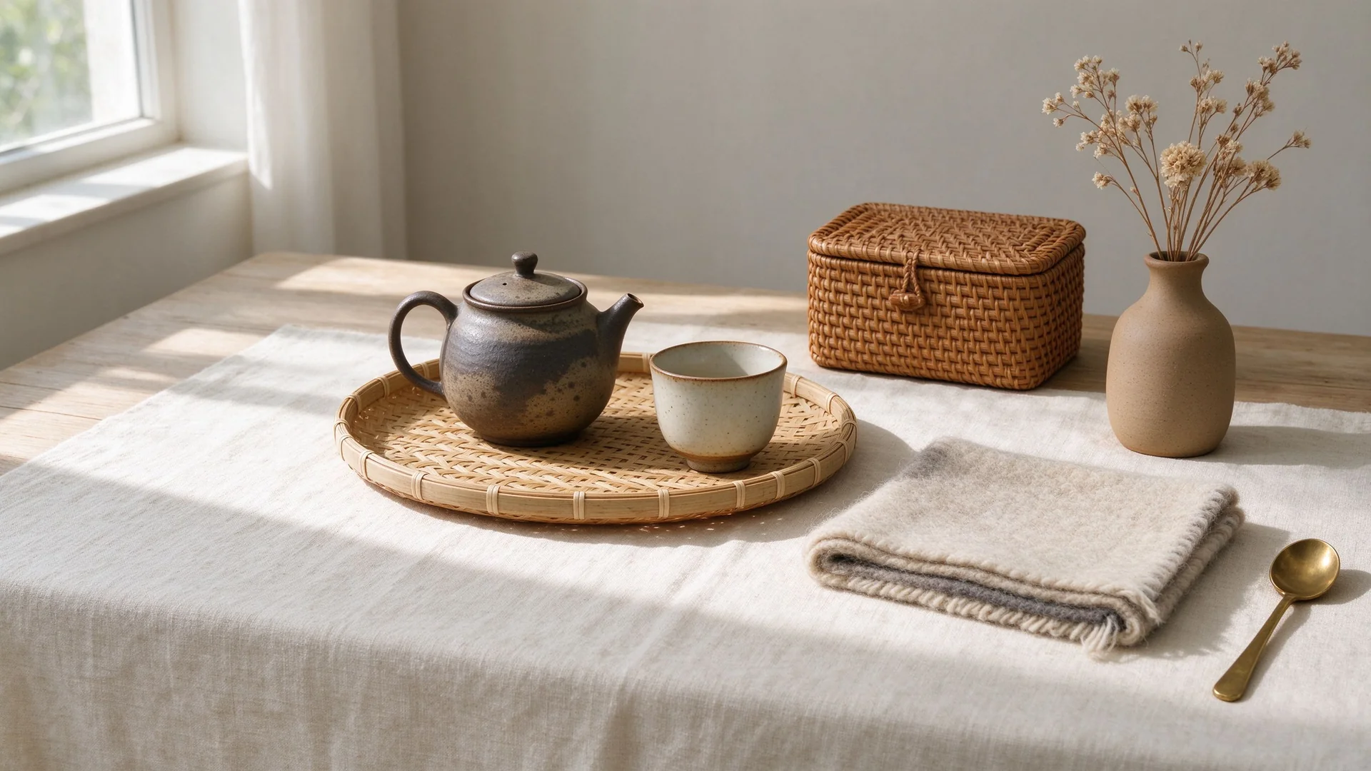 Handmade Chinese ceramics, woven baskets and artisan home goods arranged on a linen table